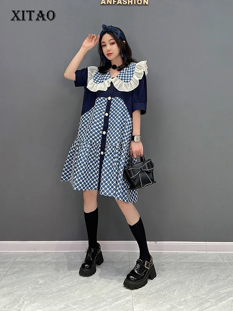 

XITAO Peter Pan Collar Dress Fashion Dot Contrast Color Print Women Summer New Loose Single Breasted Cute Casual Dress ZY7256