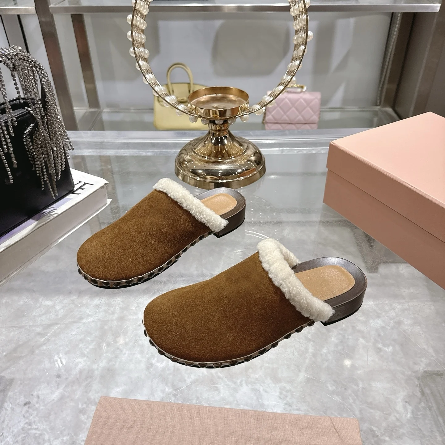 2025 New Style Solid Wood Sole Wool Fashionable Versatile Thick-Soled Closed-Toe Half Slippers