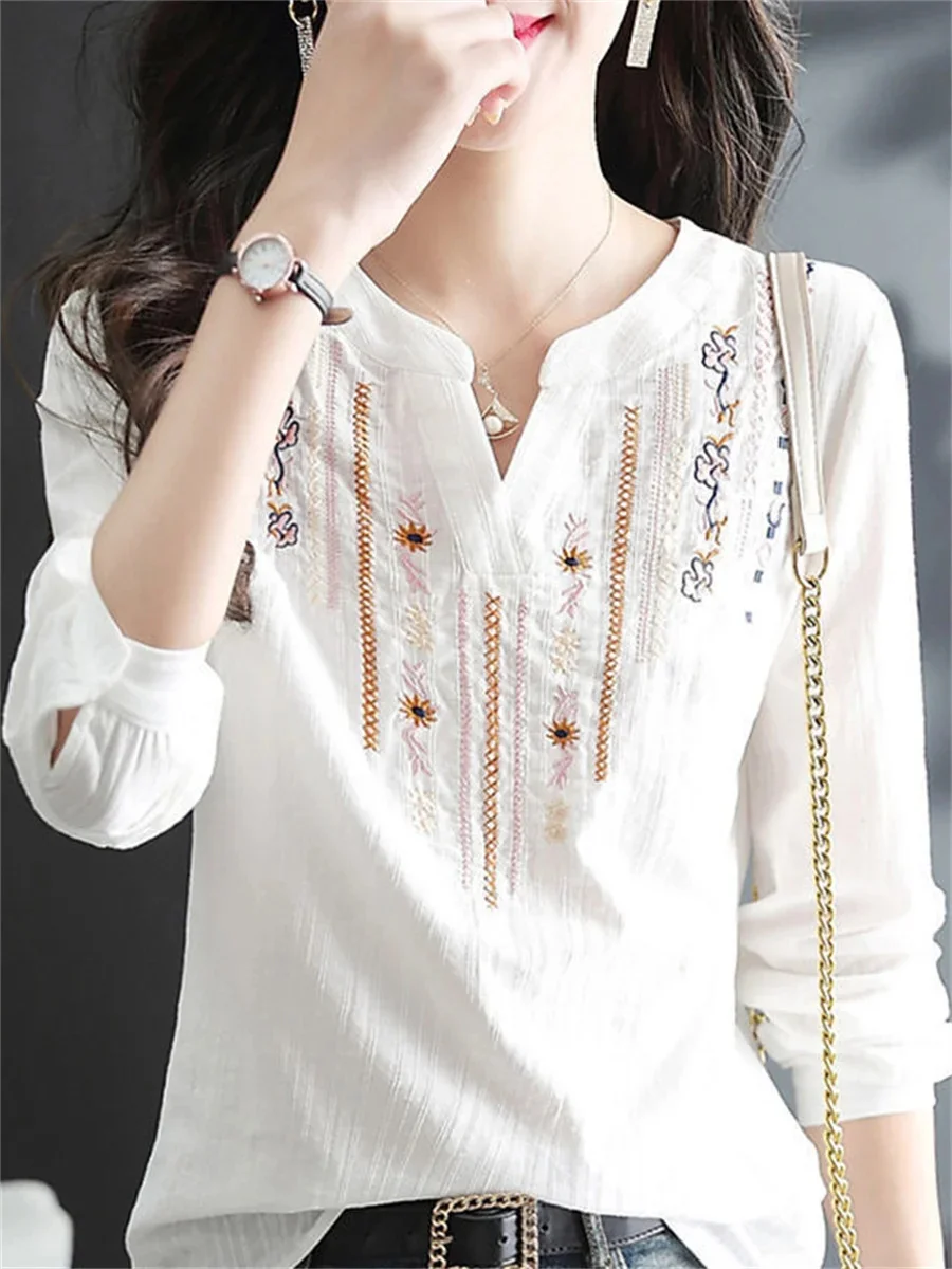 Women Spring Autumn White Blouses Tops Lady Casual Embroidery V-Neck Long Sleeve Vintage Loose Blusas Top