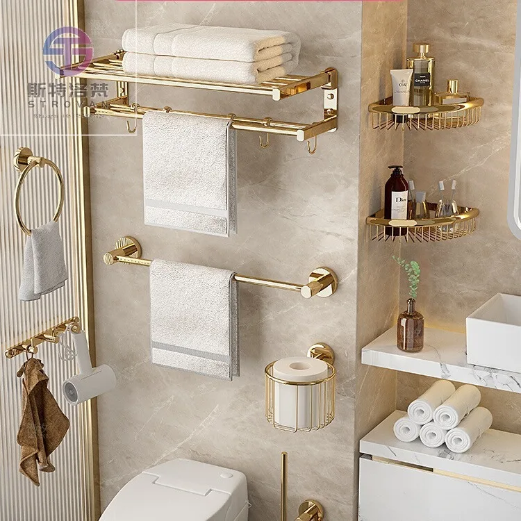 

Europe Pure Copper Wire-drawing Gold Pvd 8 Pieces Punch-free Brush Brass Folding Toilet Storage Rack Hardware Accessories Set