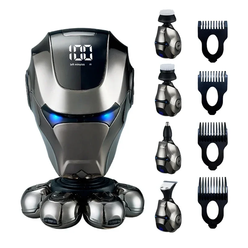 5-IN-1 Men Rechargeable Bald Head Electric Shaver 7D Floating Blade Head Beard Nose Ear Hair Trimmer Razor Clipper Facial Brush