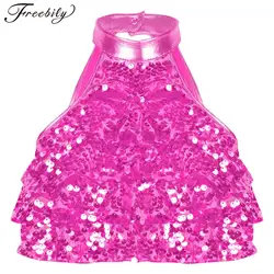Kids Girls Halter Sequins Crop Tops Sleeveless Mock Neck Tiered Backless Sleeveless Vest Top for Latin Jazz Dance Competition