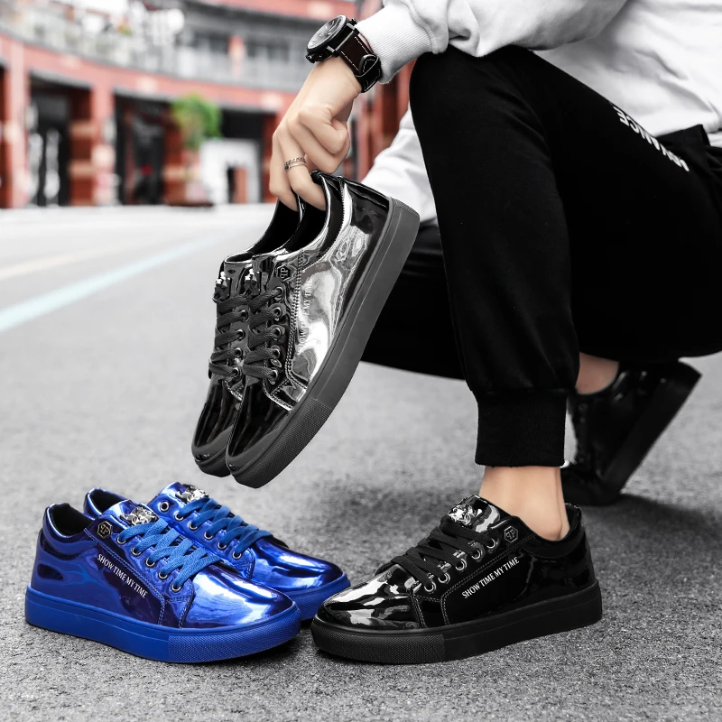 Hot Fashion Patent Leather Casual Shoes Men Party Rock Shoes Designer Blue Mirror Sneakers Men Streetwear Skateboard Shoes Men