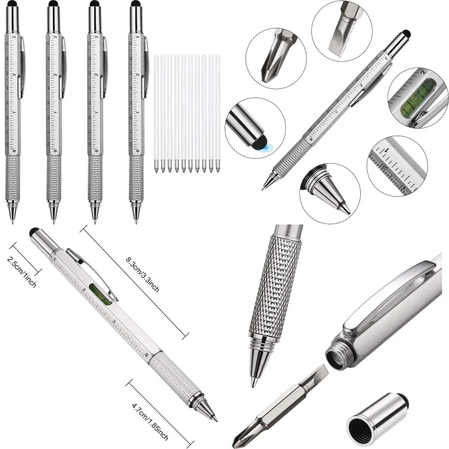 

4 Pcs Gift Pen for Men 6 in 1 Multitool Pen with Ruler Level Refills Screwdriver Stylus Cool Gadgets Tool for Dad Friend Husban