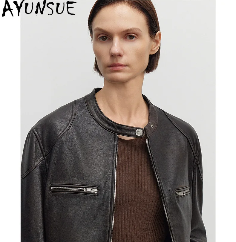 AYUNSUE 진짜 양피 정품 가죽 자켓 여성 Motocycle 코트 스탠드 칼라 여성 자켓 가을 옷 Jaqueta De Couro