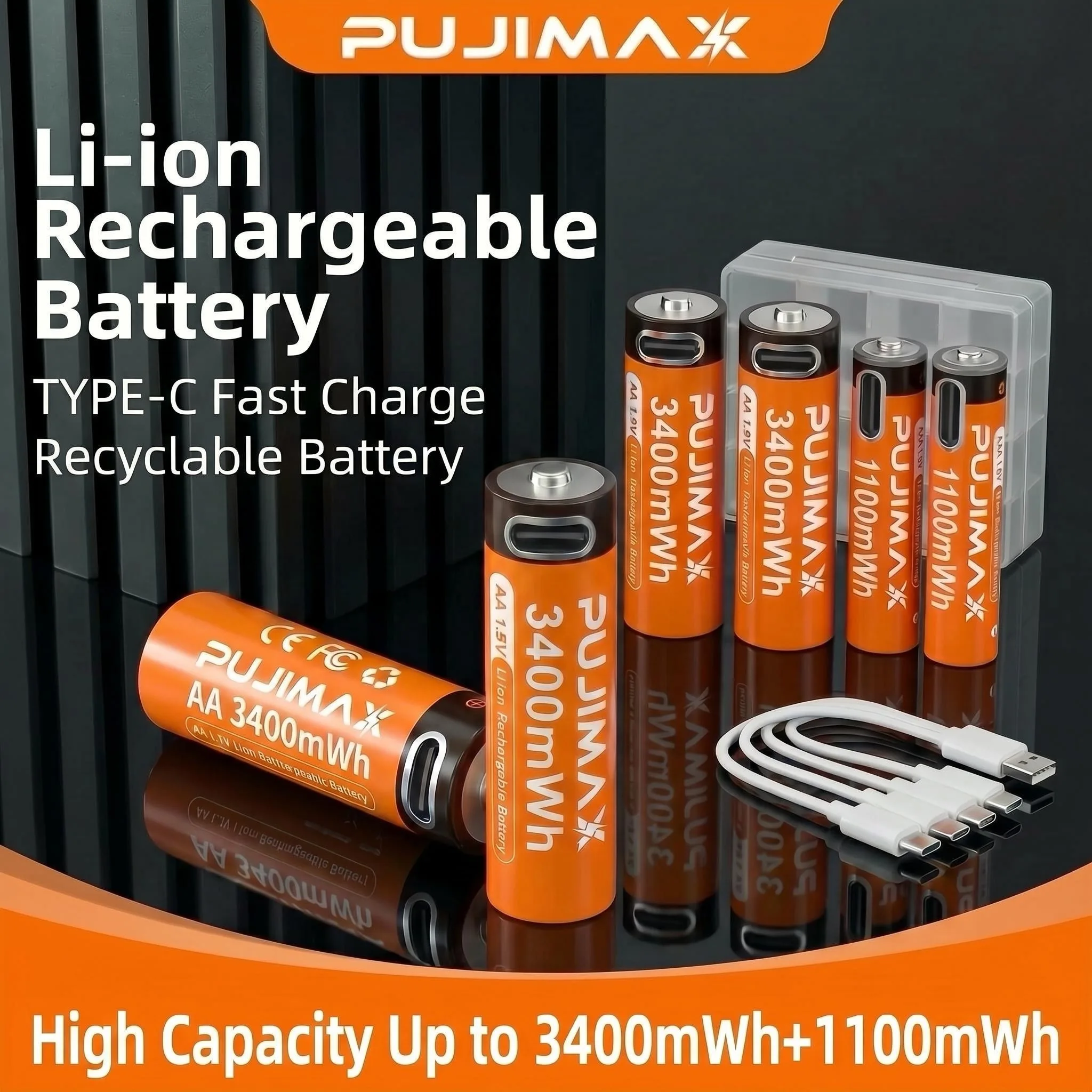 48/24/8pcs Battery Combo Set of PUJIMAX Brand 1.5V AA 3400mWh + AAA 1100mWh Rechargeable Lithium Batteries, Charged via Type-C Interface. Suitable for Remote Controls, Keyboards, Wireless Mice, Doorbells and Other Devices. Comes with a Charging Cable.