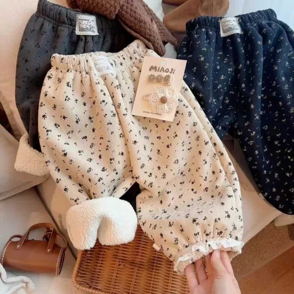 

Girls' Clothing 2025 Autumn and Winter Thick Warm Flower Dot Print Korean Version Fashionable Casual Kids Pants