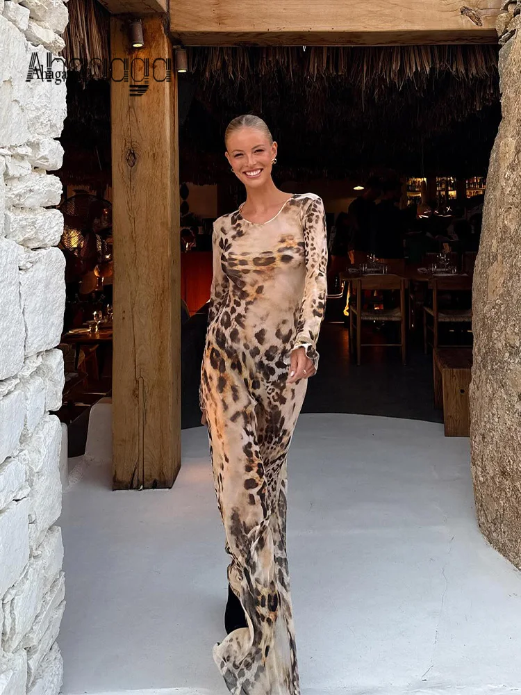 

Ahagaga Print Dresses For Women Regular Long Sleeves Sheath Beach Style Backless O-Neck Bandage Sexy Streetwear Vestidos Robes