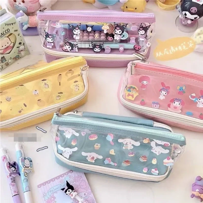 

Sanrio Cinnamoroll Pompom PurinKuromi My melody cute kawaii student candy color transparent double zipper sticker pencil bag