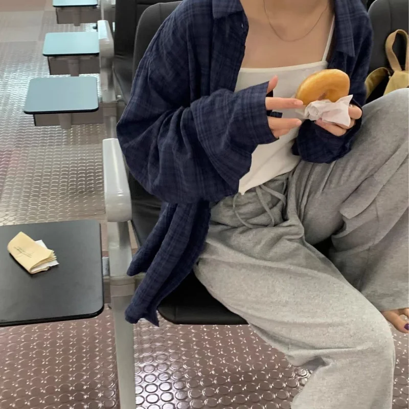 

Navy Blue Plaid Loose Outer Shirt Sun Jacket Versatile Top