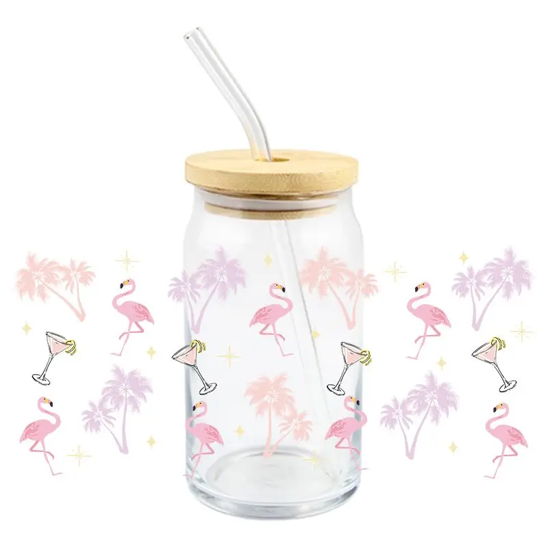 Cartoon Flamingo UV DTF Wrap Transfer Stickers Cute Prink Design DTF Wrap For Glasses Cups Mugs Wateproof Decal