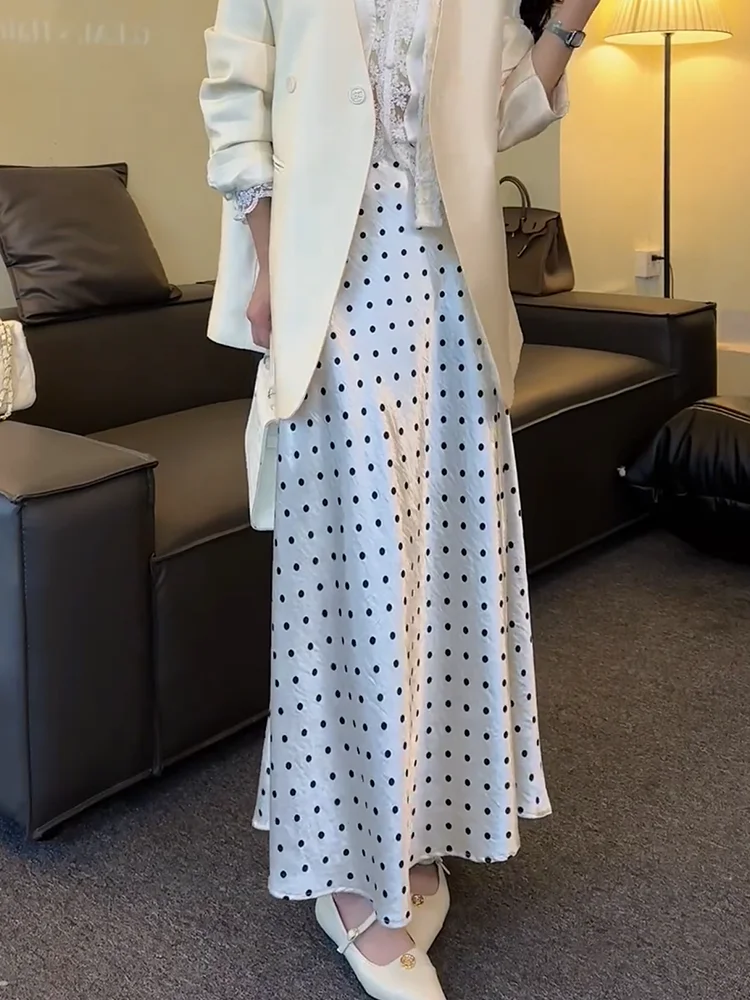 Falda midi acampanada de lunares blancos Ele, cintura alta, nueva colección primavera-verano, estilo coreano, talla grande para mujer