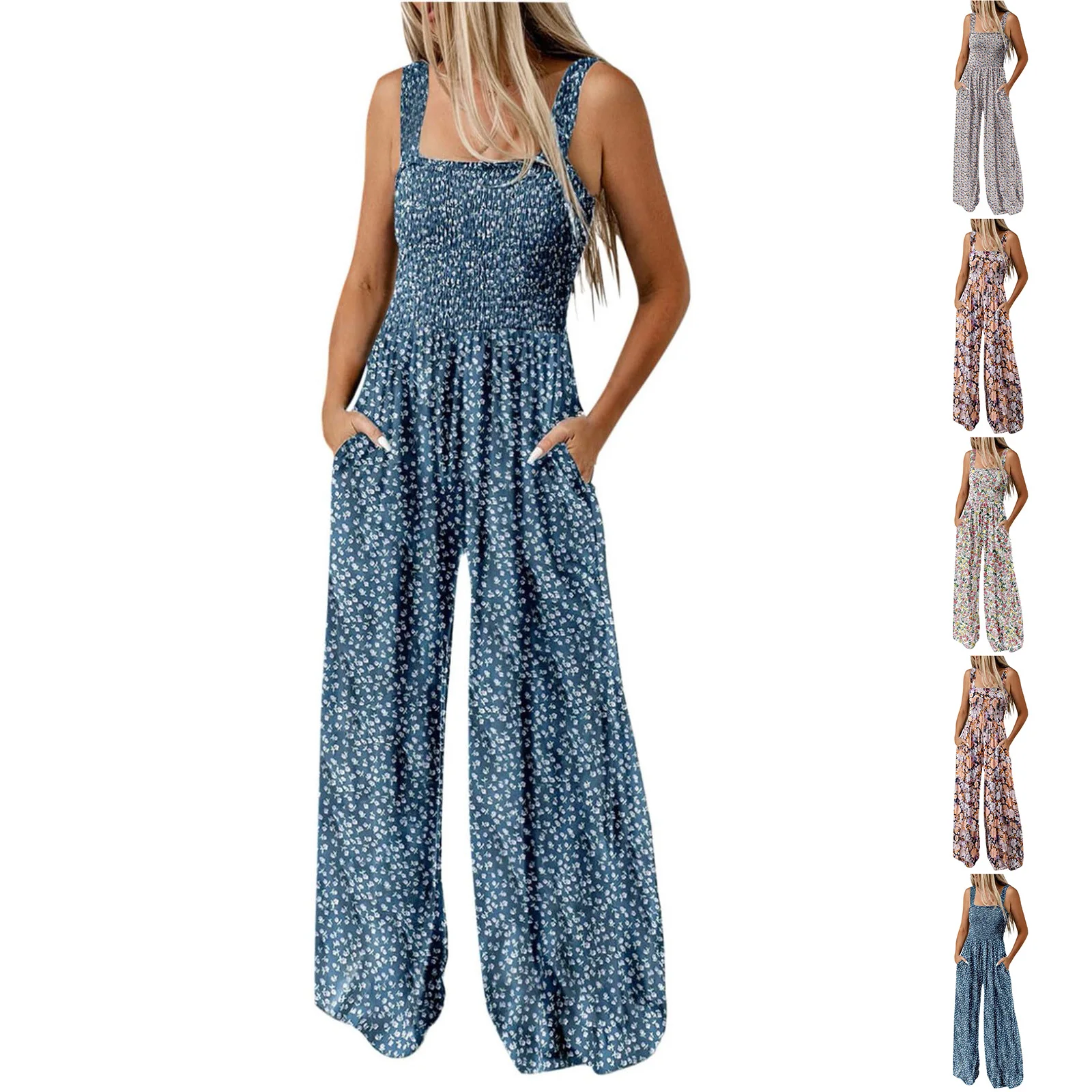 จั๊มพ์สูทผู้หญิงแบบสายเดี่ยว จั๊มพ์สูทขายาวทรงกว้าง จั๊มพ์สูทพิมพ์ลายมีกระเป๋า จั๊มพ์สูทลำลองสำหรับฤดูใบไม้ผลิและฤดูร้อน จั๊มพ์สูทสำหรับวันหยุดพักผ่อน