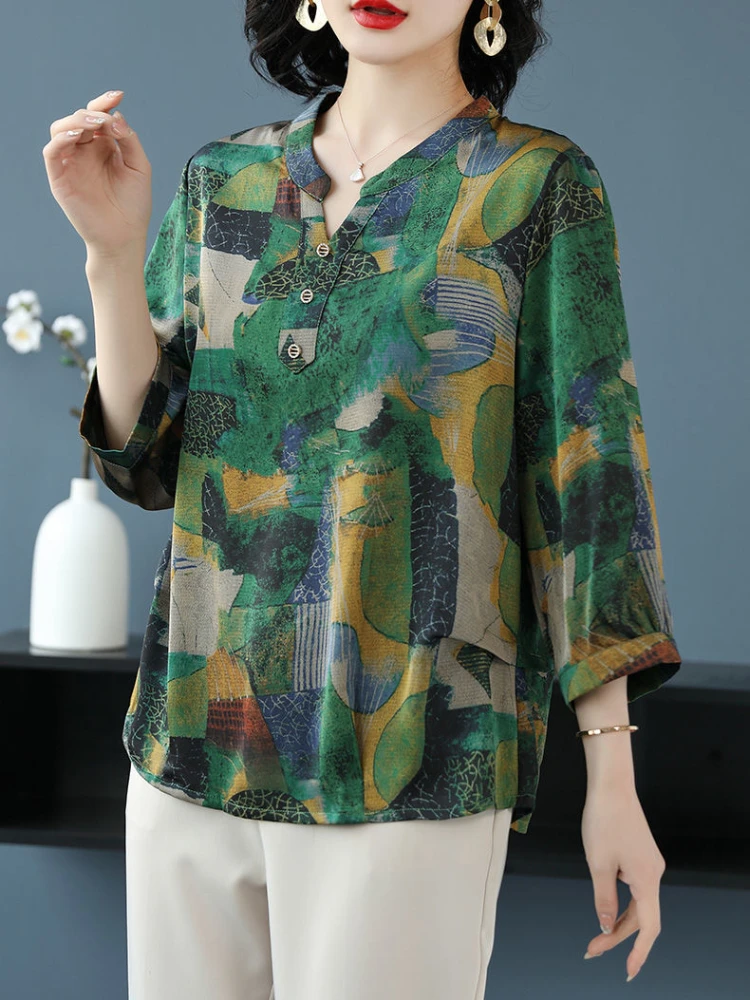 Women Vintage Clothes  chiffon Blouse 2024 Summer Simple Loose V Neck Shirts Casual Chic Tops