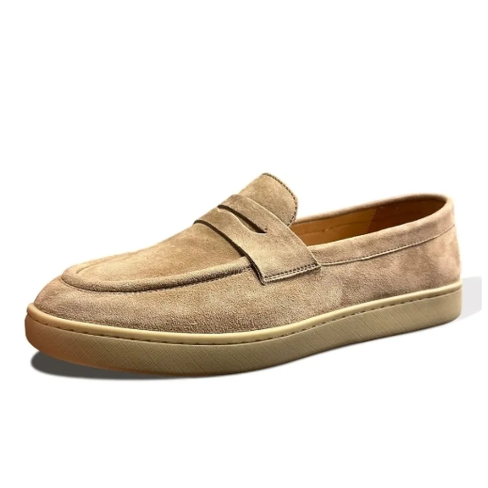 Men's khaki suede loafers, lightweight flat-bottom casual walking shoes