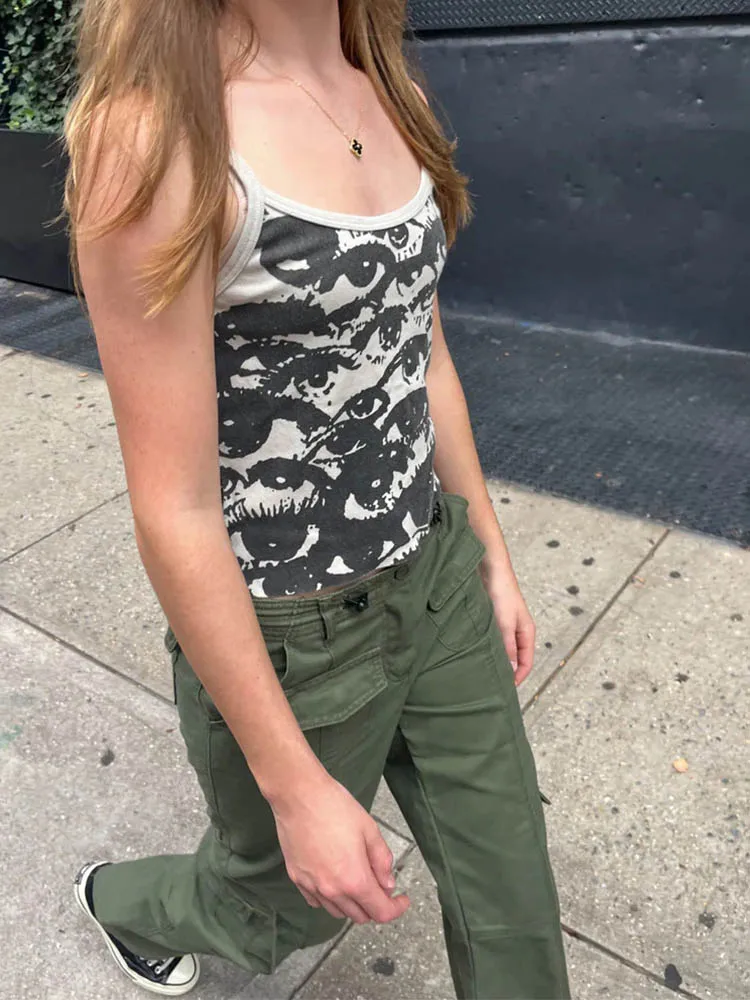 고딕 초상화 프린트 티셔츠, Y2K 크롭탑, 반팔 조끼 티, 하라주쿠 스트리트웨어, 흰색 멜빵, 여성 의류