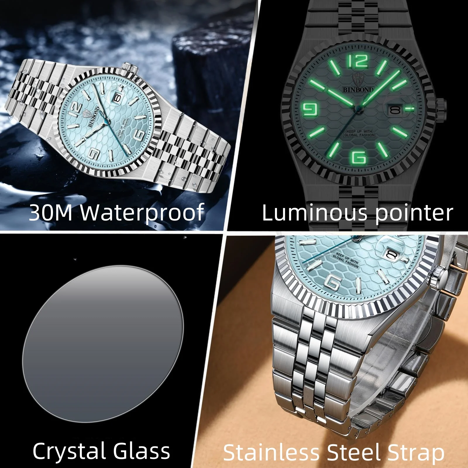 ساعة كوارتز رجالية من BINBOND طراز كلاسيكي مقاومة للماء وعرض التاريخ المضيء وساعة يد من الفولاذ المقاوم للصدأ للرجال #3