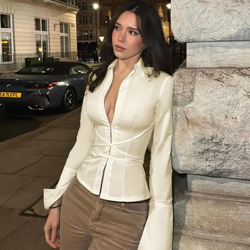 

Talenza Fashion Lace-up Blouses Women's New Simple Solid Sexy V-Neck Long Sleeve Top Chic Office Lady Streetwear Female Shirt