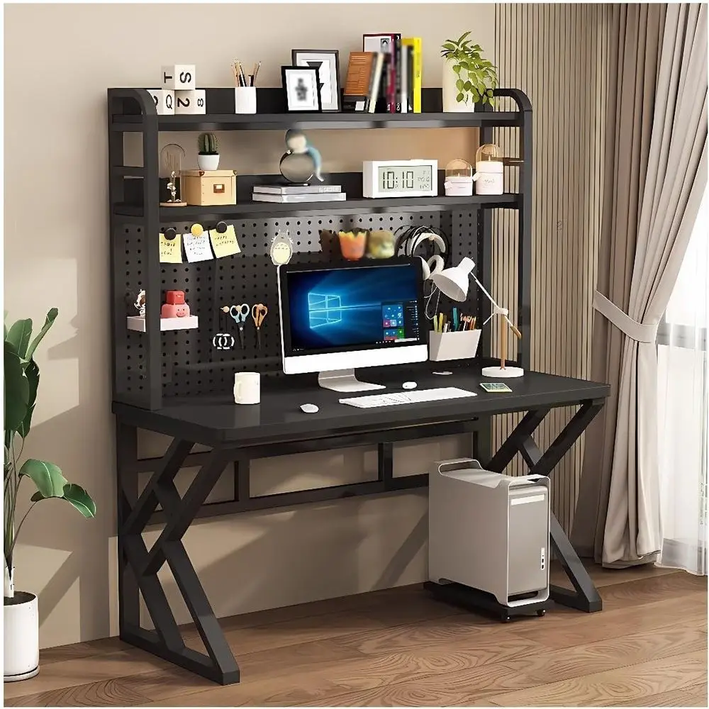

47 Gaming Desk with Bookshelf, Computer Desk with Pegboard, Large Writing Table, Ample Leg Space, Black Office Desk