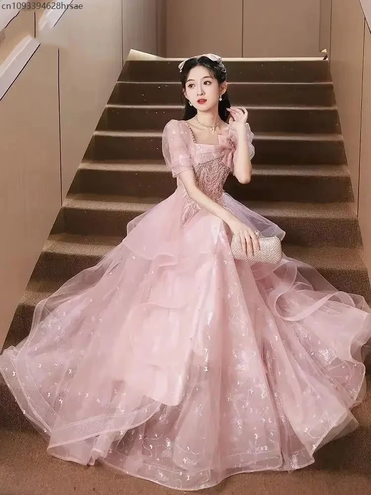 2026 Rosa Süßes Schleifchen Geburtstagskleid Damen Elegantes Hochgeschnittenes Kleid mit Puffärmeln Märchenhaftes Brautjungfernkleid Quadratischer Kragen Abendkleid