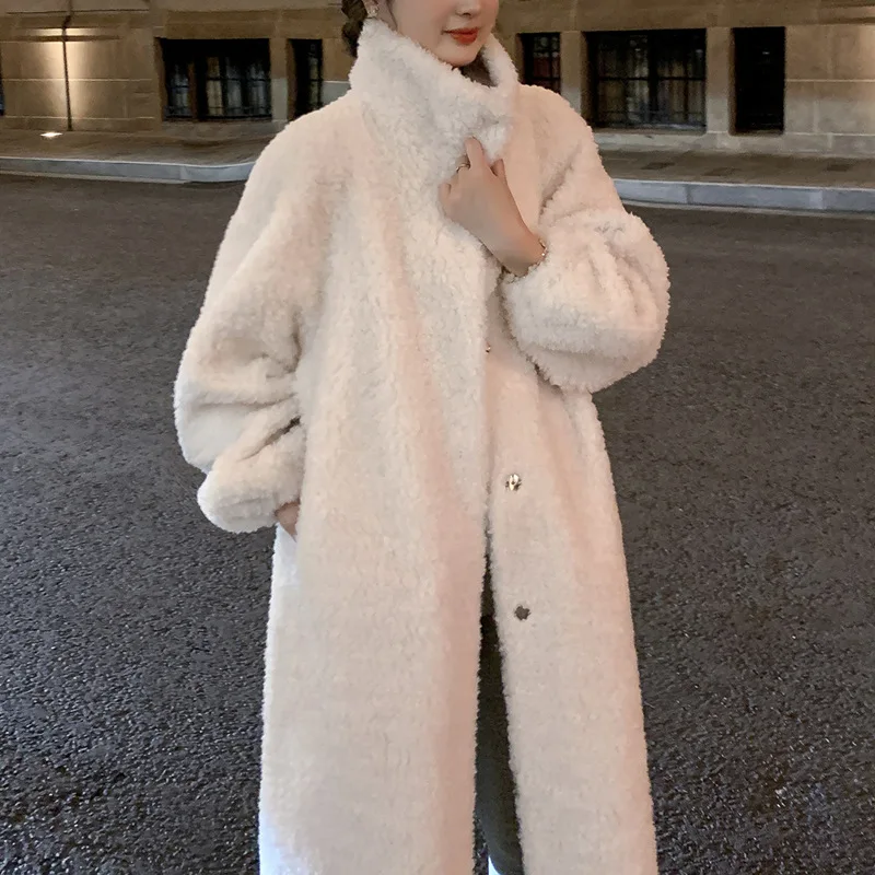 

2024 fashion new Fur Sheep Sheared Fleece All Wool Coat Lamb Fur One Piece Real Wool Winter Long Coat Women