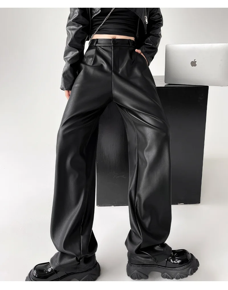 

Women's imitation leather pants with straight legs, high waist, wide legs, PU belt pockets, black business soft pants