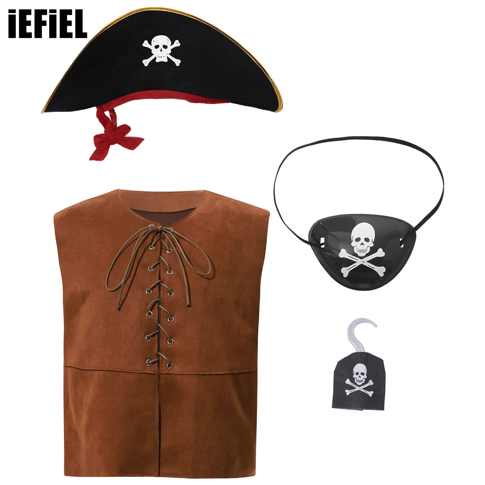 

Unisex Kids Halloween Cosplay Pirate Costume Set Sleeveless V Neck Lace-up Front Waistcoat with Hat Blindfold Hook