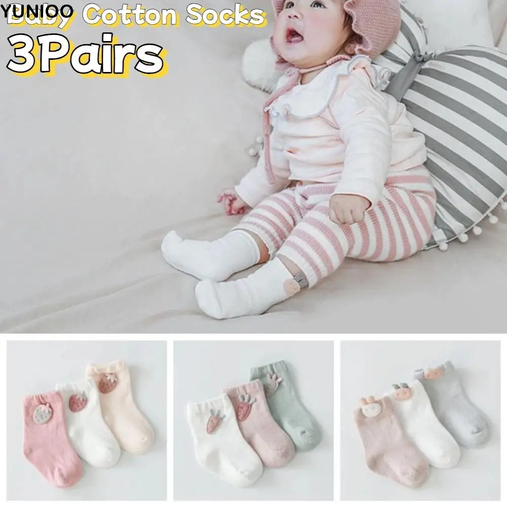 3Pairs Kawaii Rabbit Baby Cotton Socks Radish Strawberry Toddle Short Tube Socks Cute Autumn Spring Newborn Cartoon Socks Toddle