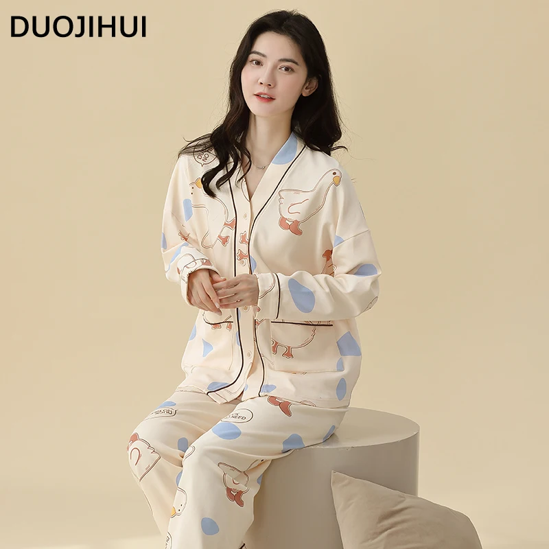 DUOJIHUI Two Piece Chic Print Simple Women's Pajamas Set Basic V-neck Button Cardigan Loose Casual Pant Fashion Female Sleepwear