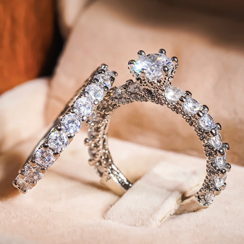Huitan Luxury 2Pc/Set Rings for Women Trendy Brilliant Delicate Finger Accessories Aesthetic Attractive Chic Wedding Jewelry Set