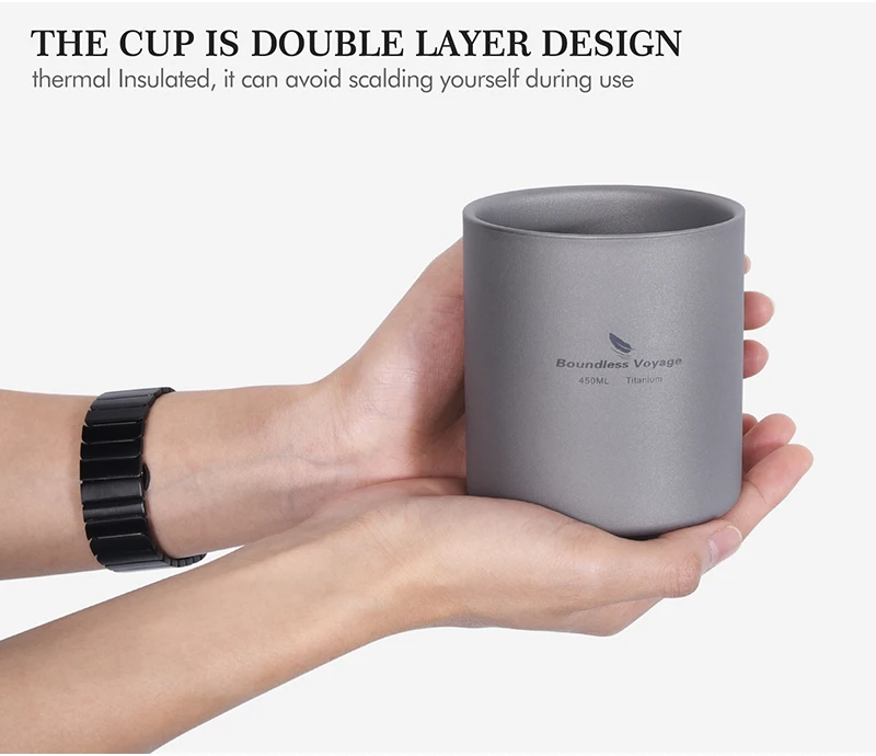 Tasse Isotherme En Titane Double Paroi 450 Ml - Sans Poignée - Pour Camping, Randonnée, Maison - Avec Sac De Transport