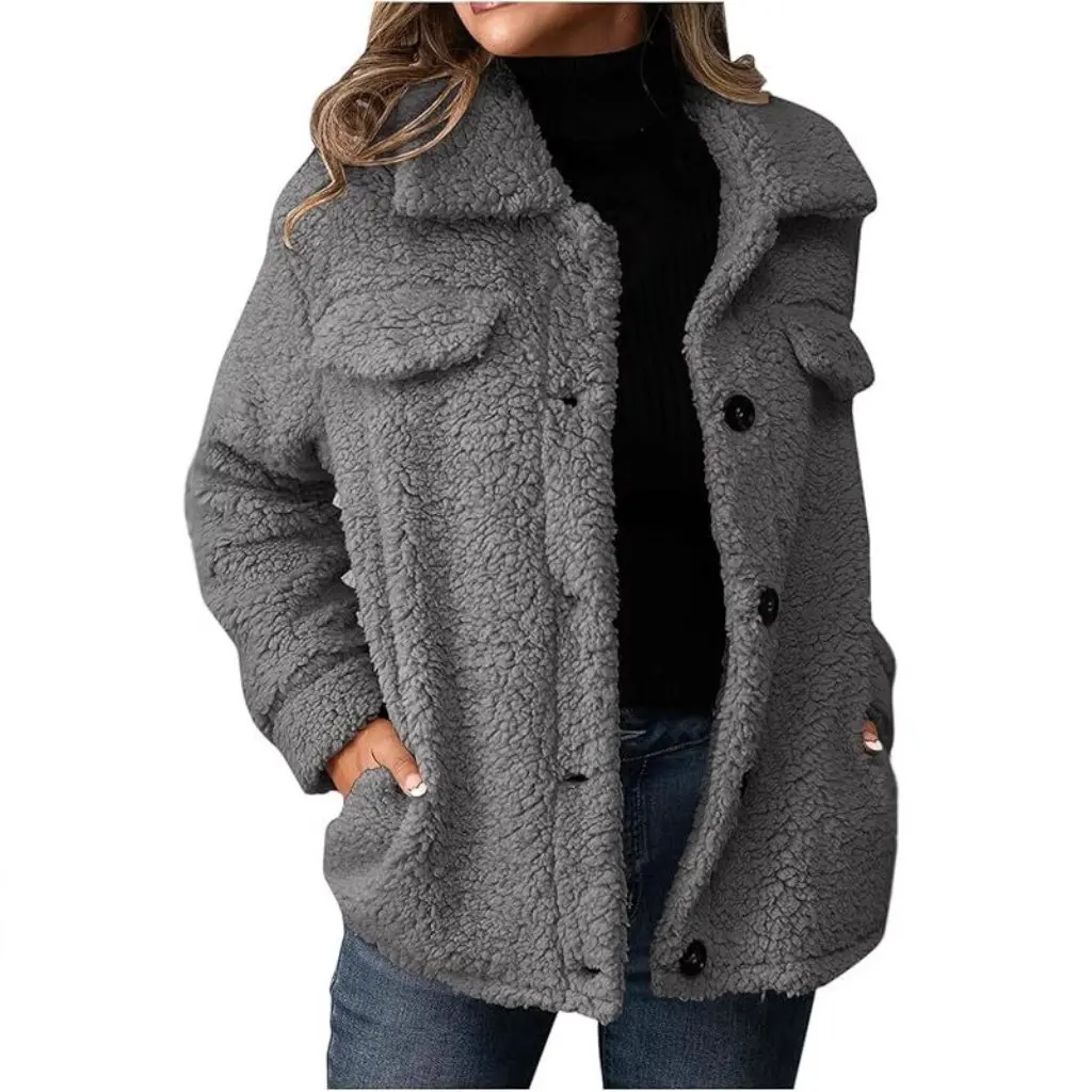 

Women's Loose Casual Lapel Plush Jacket Coat Single-breasted Lamb Fur Windbreaker Top by