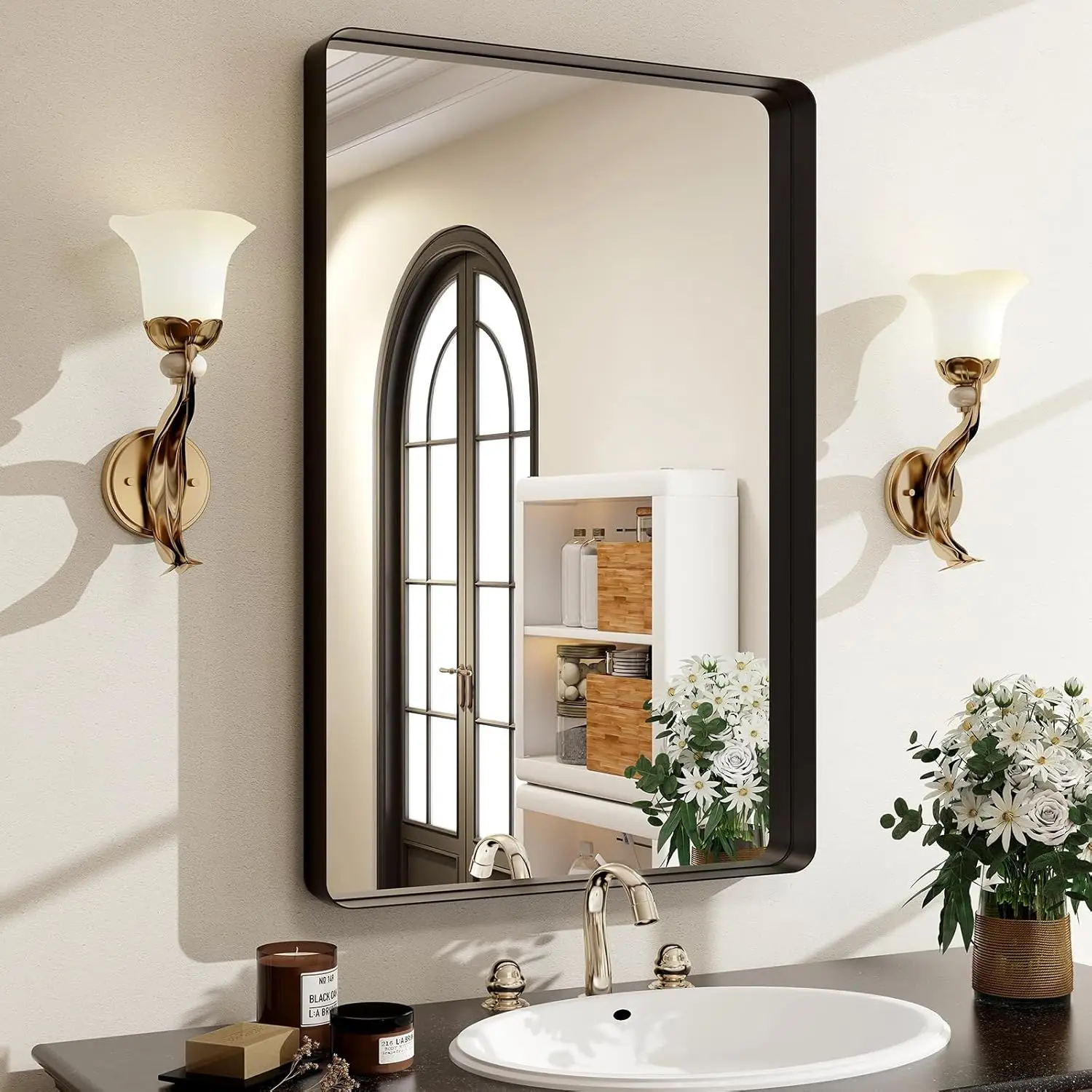 

36x24 Inch Black Bathroom Mirror with Rounded Corners, Aluminum Frame for Wall Mounting
