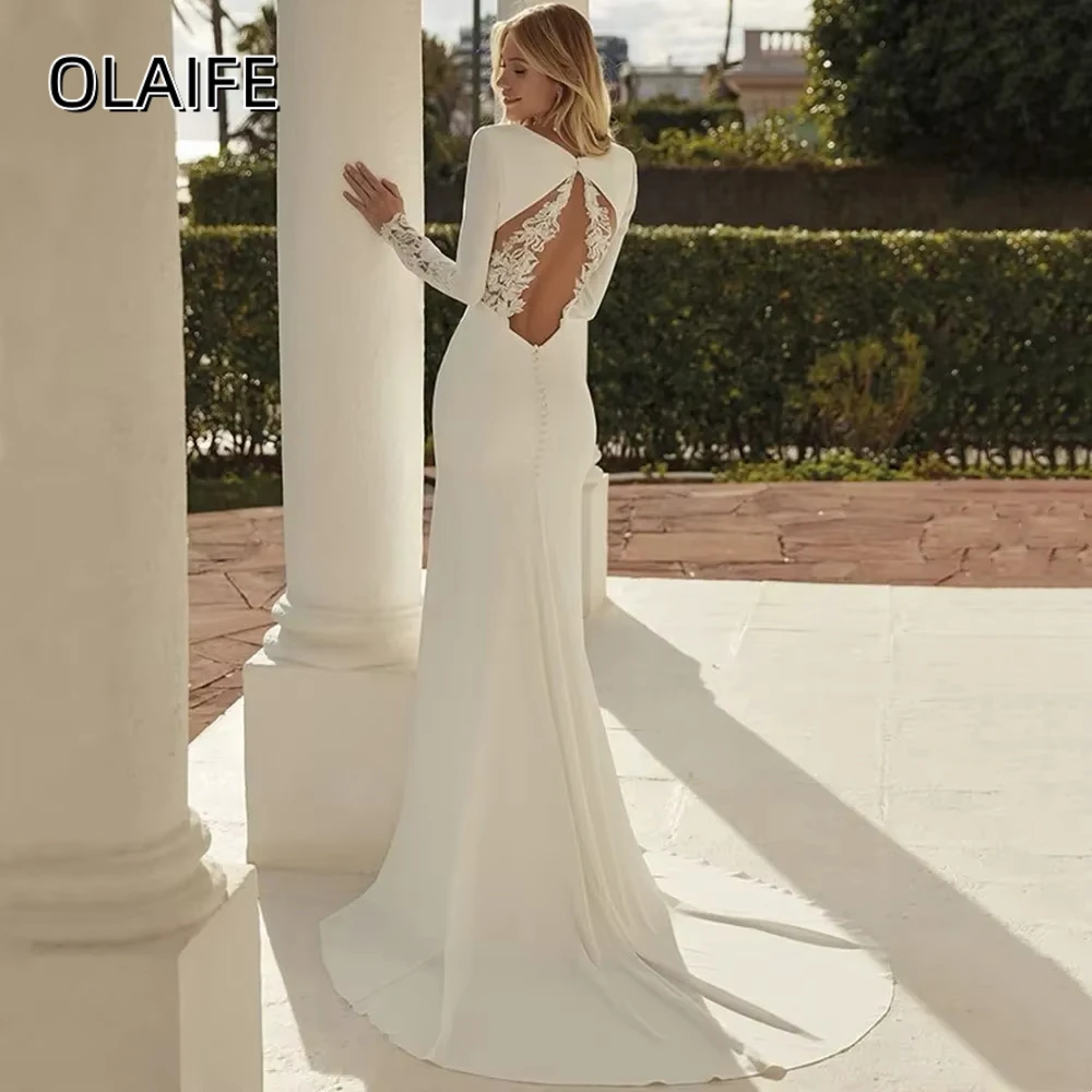 Olaife Abiti da sposa sexy a sirena con scollo a V Manica lunga Applicazioni in pizzo Abito da sposa senza schienale Bottone sexy senza schienale Vestido De Noiva