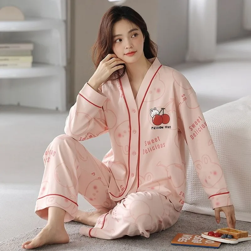 Lente Herfst Puur Katoenen Pyjama Dames Lange Mouwen Broek Nachtkleding Tweedelige Set Casual Sweet V-Hals Student Homewear Pak