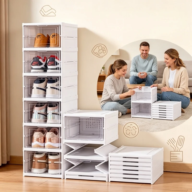 

6 Layers Foldable Transparent Shoe Storage Rack Stackable Dustproof Sneaker Holder for High Top Shoes Home Cabinet Shoe Organize