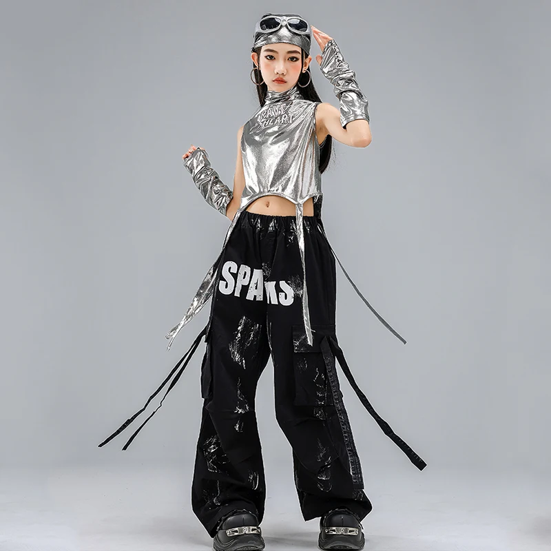 Neues Jazz-Outfit für Mädchen, K-Pop-Bühnenshow-Kleidung, silbernes Crop-Top, schwarze Baggy-Hose, Modell-Performance-Anzug, Street Dancewear 1990