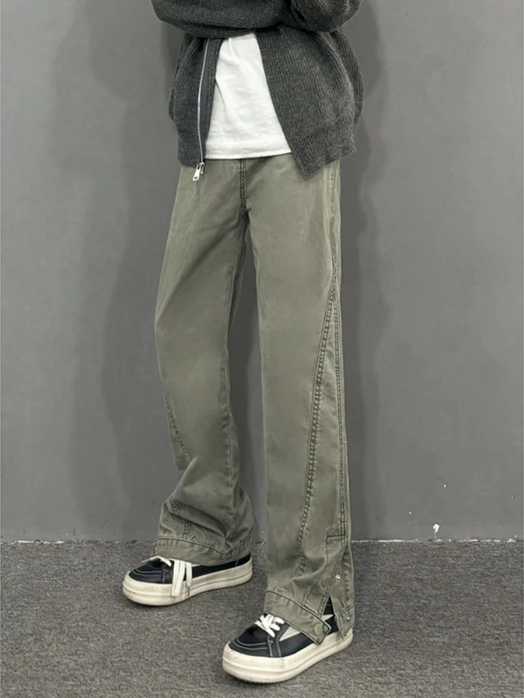 

American High Street Men's Jeans Design Sense Splicing Slit Buttoning Pants Spring Autumn Trendy Vintage Cleanfit Trousers