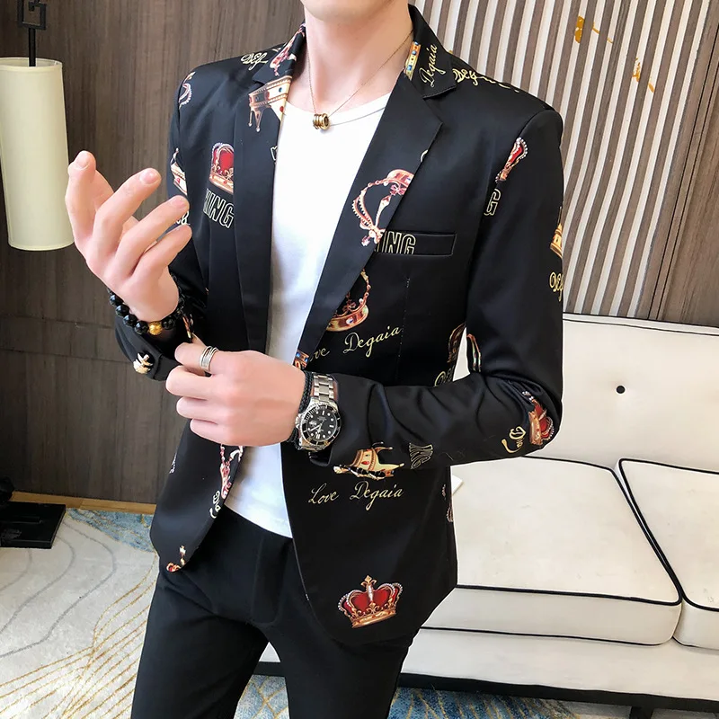 HOO 2024 Men\'s Autumn New Printed Suit Jacket Slim Fit Casual Handsome   blazer