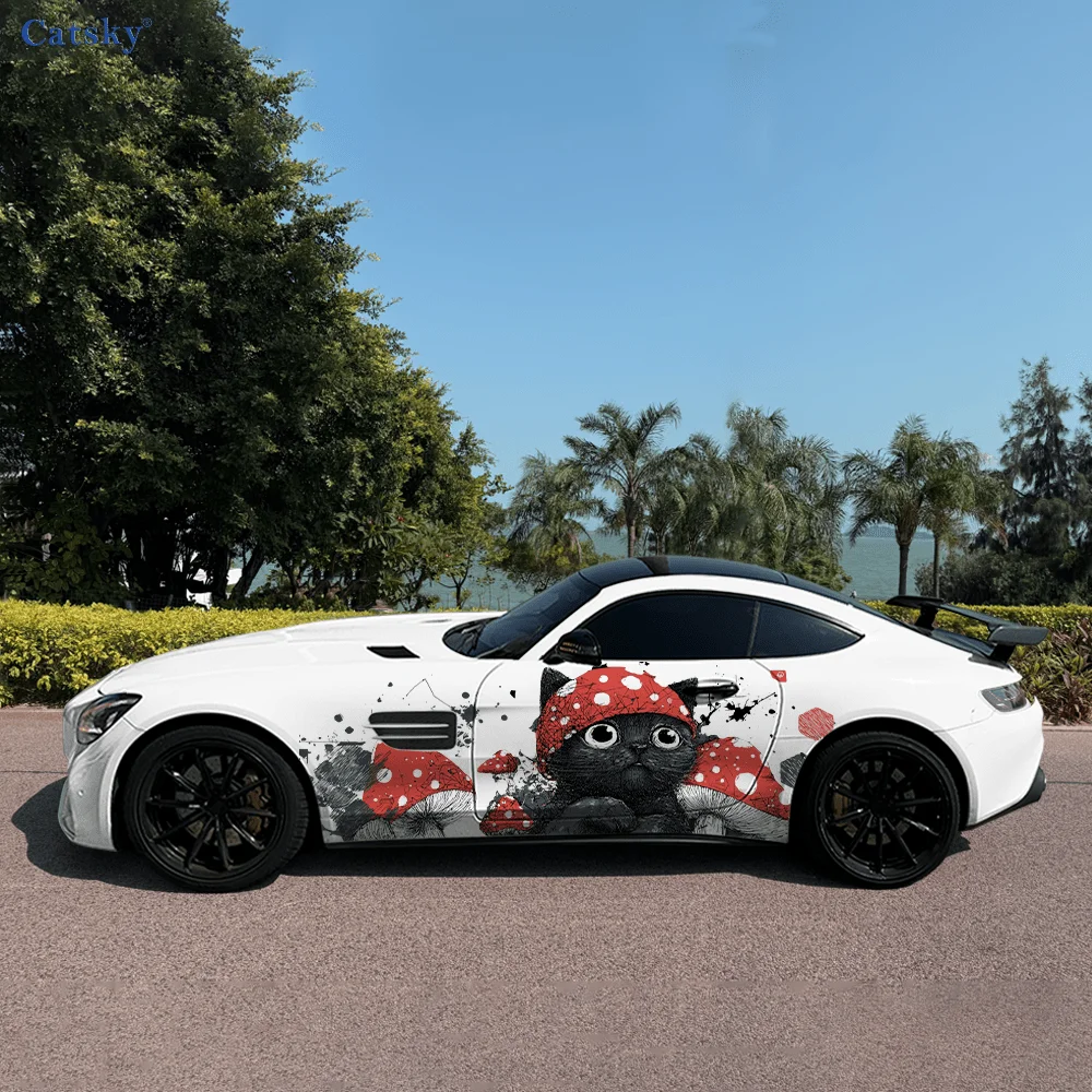 

Mushroom Hat Cat Car Side Sticker PVC Self Waterproof Stick, Striking Auto Exterior Accessories Decor Protect Gift for Car Lover