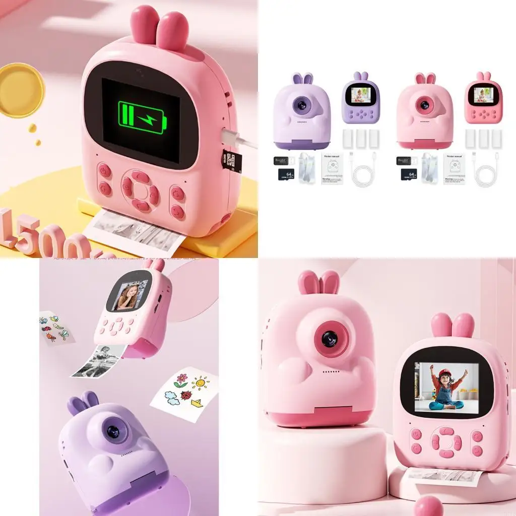 D7YD Kids portátil Imprimir instantaneamente o brinquedo da câmera 1080p 64G Câmera cartão memória Presente câmera