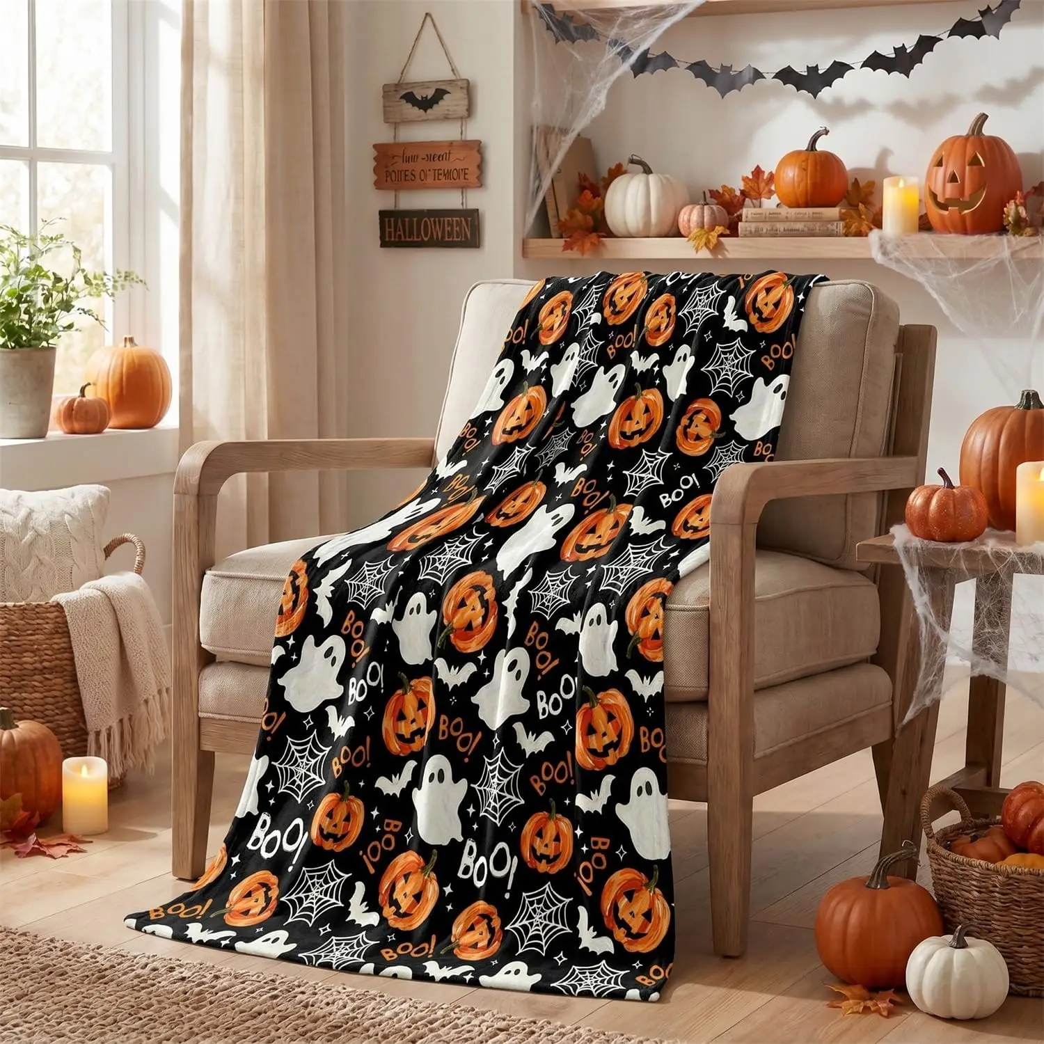 Horaldaily Halloween Flannel Blanket Throw,Black Pumpkin Goblin Bat Boo Spider Web Hallowmas Soft Fuzzy Plush Cozy Fleece Blankets for Couch Sofa Bed Decor, Ideal Gifts for Kids Adults 50x60