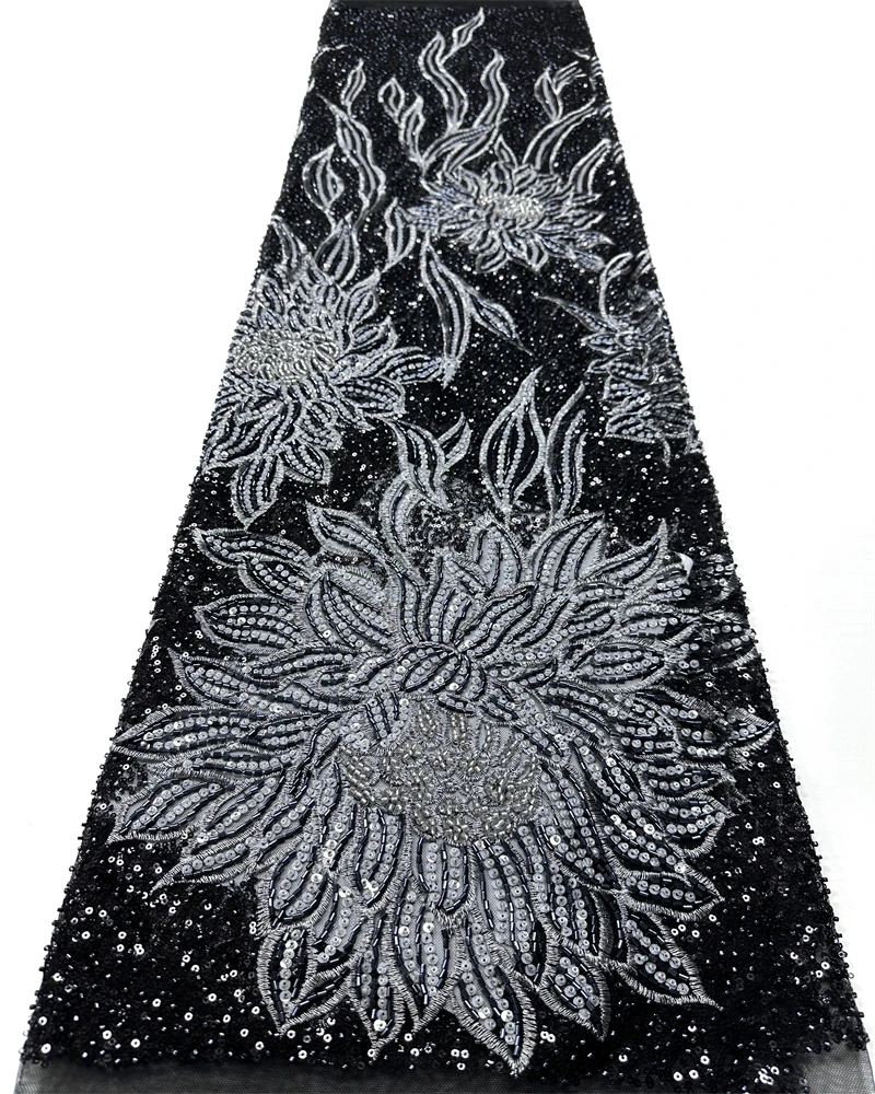African French Sequined Lace Fabrics  High Quality Tulle Lace Nigerian Beaded Embroidered Dress Material For Party Wedding