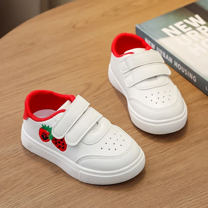 Girl's White School Sneakers Sweet Embroidered Toddlers Cute Children Tennis Shoes Fashion Kids Sports Shoes Versatile Non-slip