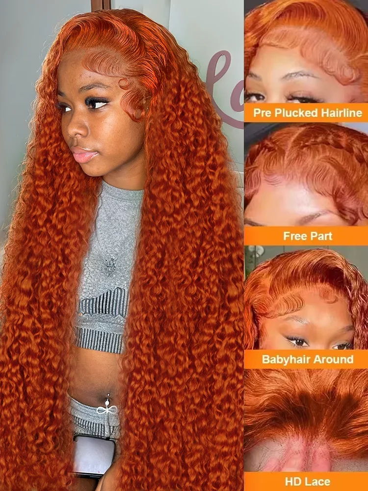 350 Ginger Deep Wave 30 40 Inch 13x4 Lace Front Wig Orange Curly 13x6 100% Human Hair Lace Frontal Wig Water Wave HD 250 Density