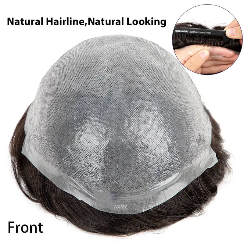 Pele fina masculina PU Toupee, prótese de cabelo masculino, linha fina natural, perucas de cabelo humano, substituição de prótese capilar, 0,04-0,06mm