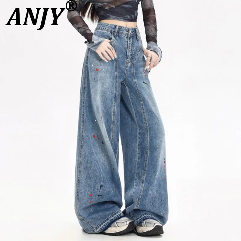 

ANJY, осенние новые женские шикарные широкие джинсы, винтажные потертые уличные элегантные стильные повседневные универсальные джинсовые брюки A9853