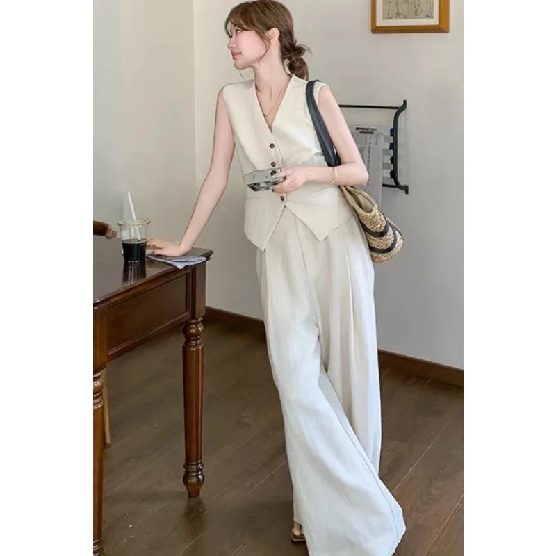 Women's Old Money Style Linen Vest Wide Leg Pants Two Piece Set Summer Casual