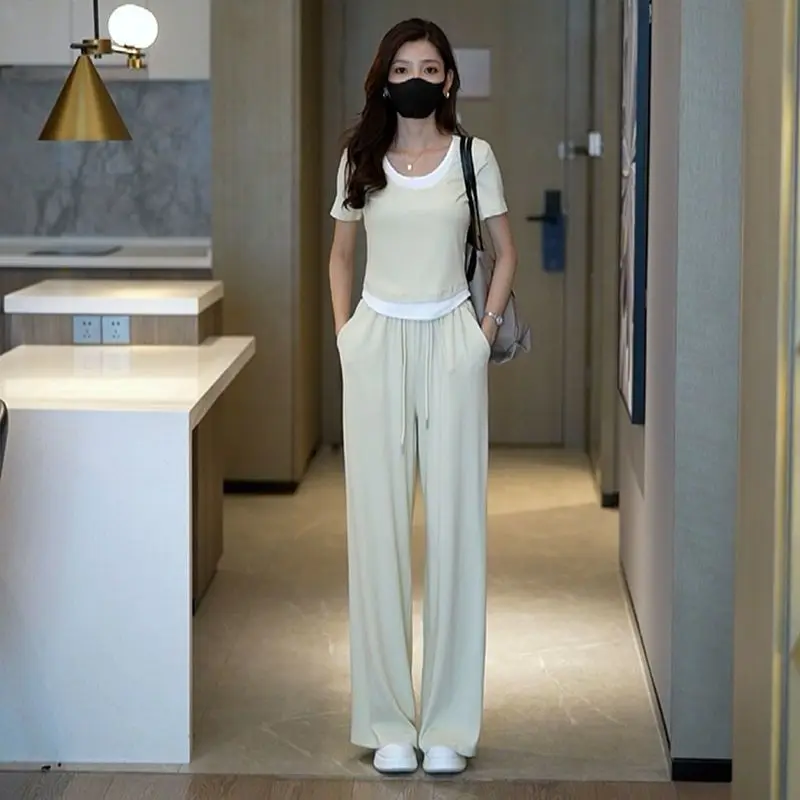 Spring/Summer New Casual Set Women's Short Sleeved Top+High Waist Loose Wide Leg Long Pants Age Reducing Two Piece Set