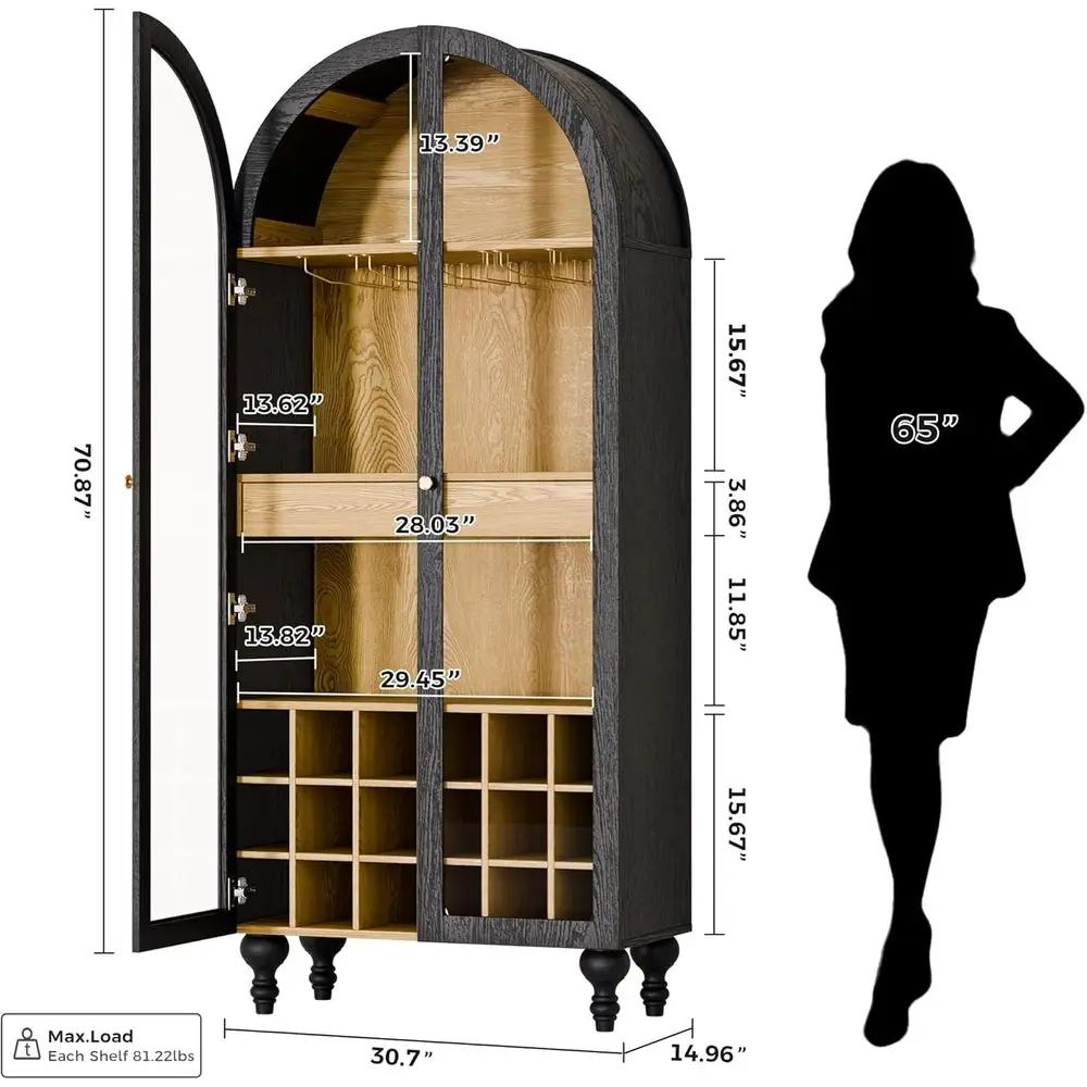 ern armArched ar Cainet, 71'' Tall Wine Cainet with uilt-in Stemware Rack & Glass Door, lack Arched Wine Cainet with Stora, LarL